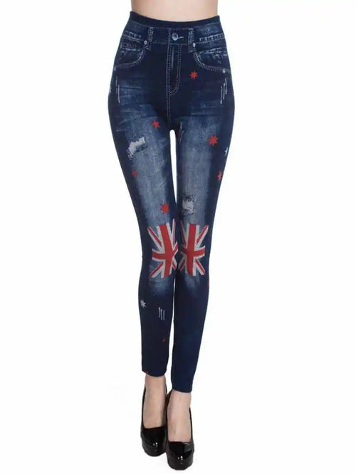 Lady Spring Autumn new imitation jeans leggings casual fake denim blue