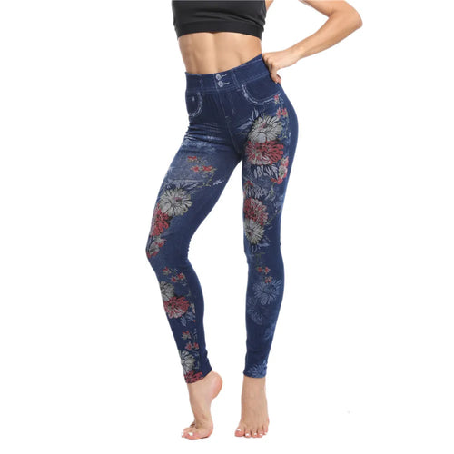 Lady Spring Autumn new imitation jeans leggings casual fake denim blue