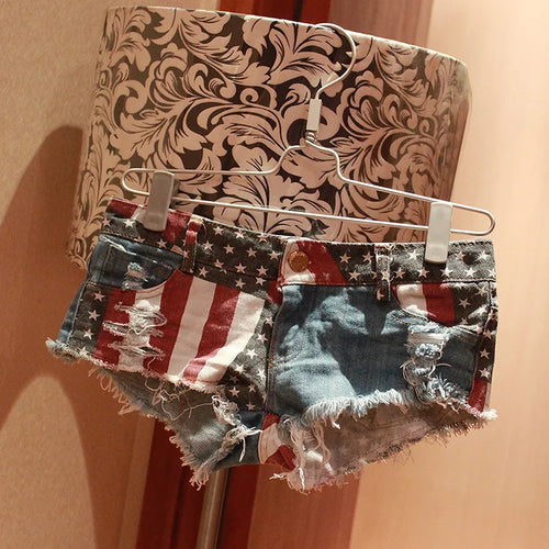 Women's Low-rise American Flag Print Ripped Denim Shorts Jeans Mini