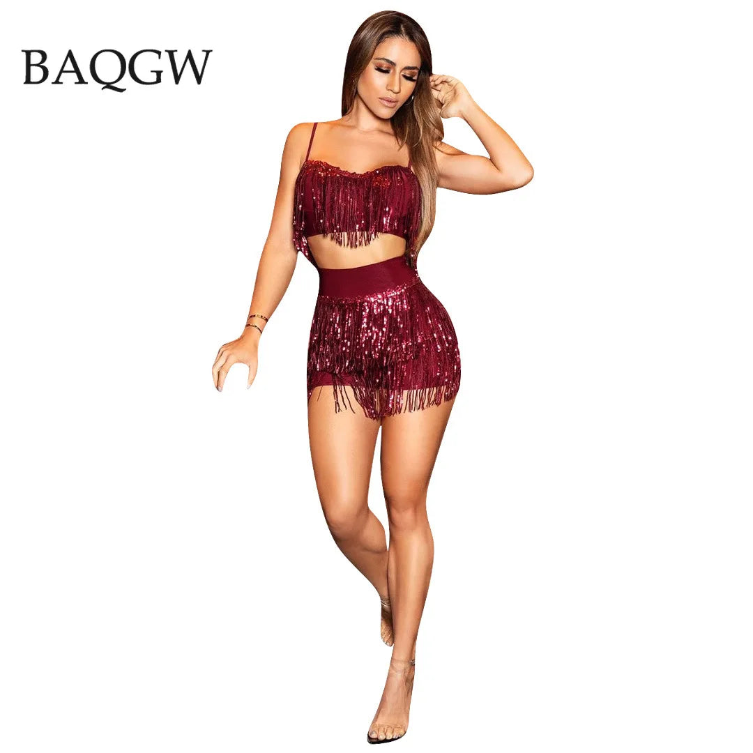 Sequined Tassel Two Piece Set Women Dance Clothing Spaghetti Strap