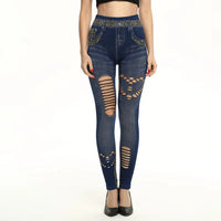 Thumbnail for Lady Spring Autumn new imitation jeans leggings casual fake denim blue