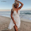 Summer Sundress White Floral Embroidery Mesh Lace Sexy Backless Beach