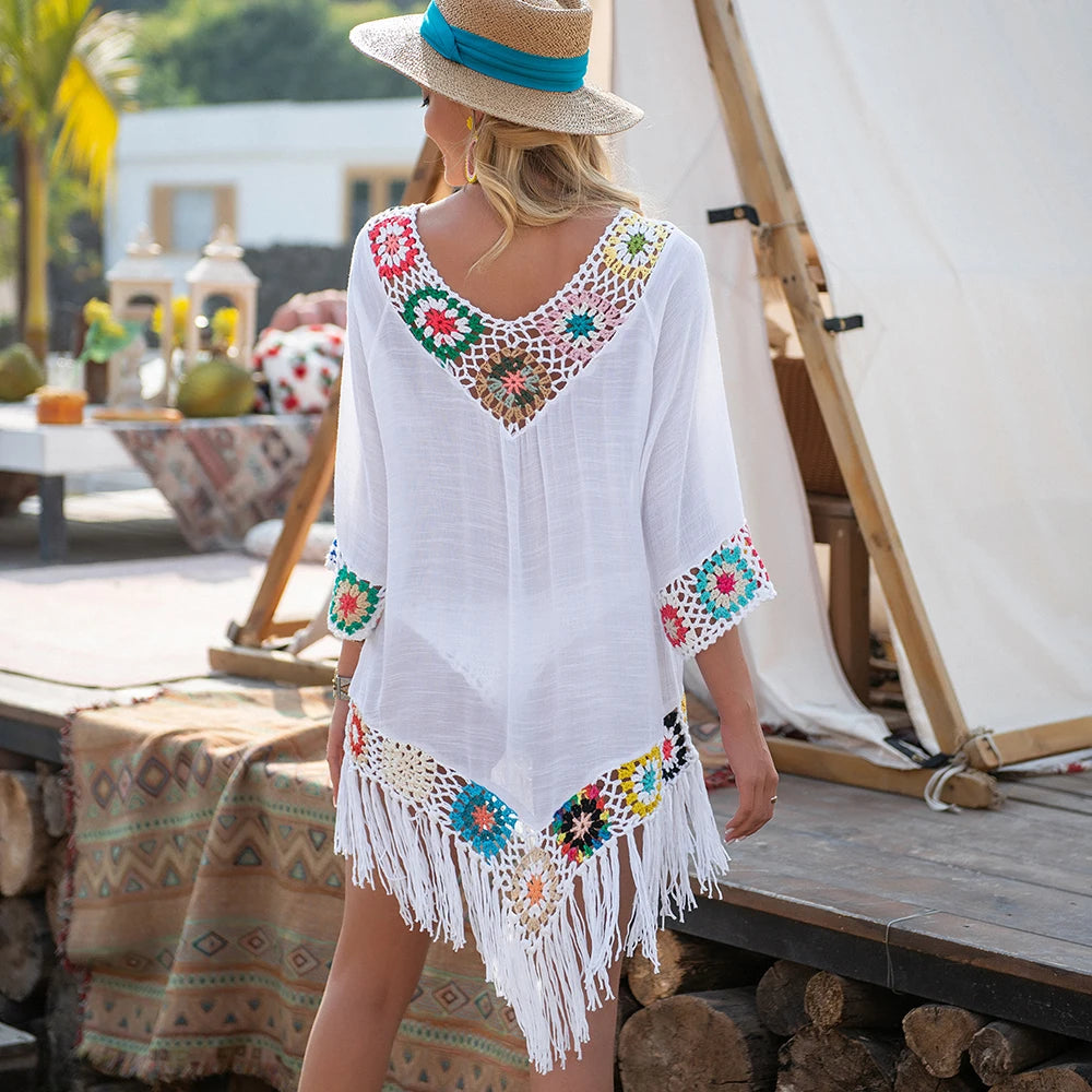 CROCHET BIKINI White Bikini Cover Up With Fringe Trim Women Sexy