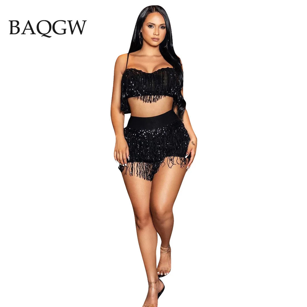 Sequined Tassel Two Piece Set Women Dance Clothing Spaghetti Strap