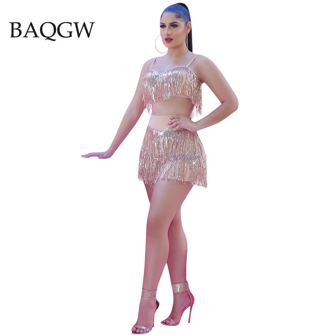 Sequined Tassel Two Piece Set Women Dance Clothing Spaghetti Strap