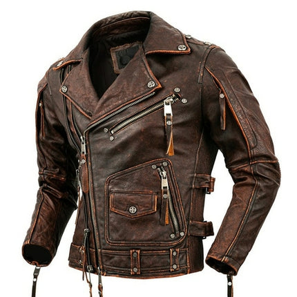 Motorcycle Cowhide Genuine Leather Jacket Men Slim Stone Milled Retro