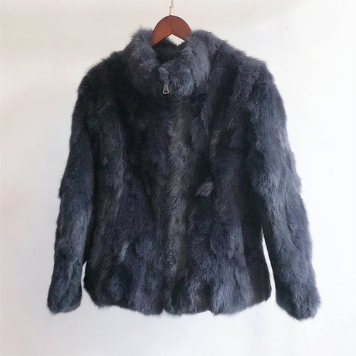 Women Genuine Rabbit Fur Coats Solid Female Stand Collar Rex Rabbit