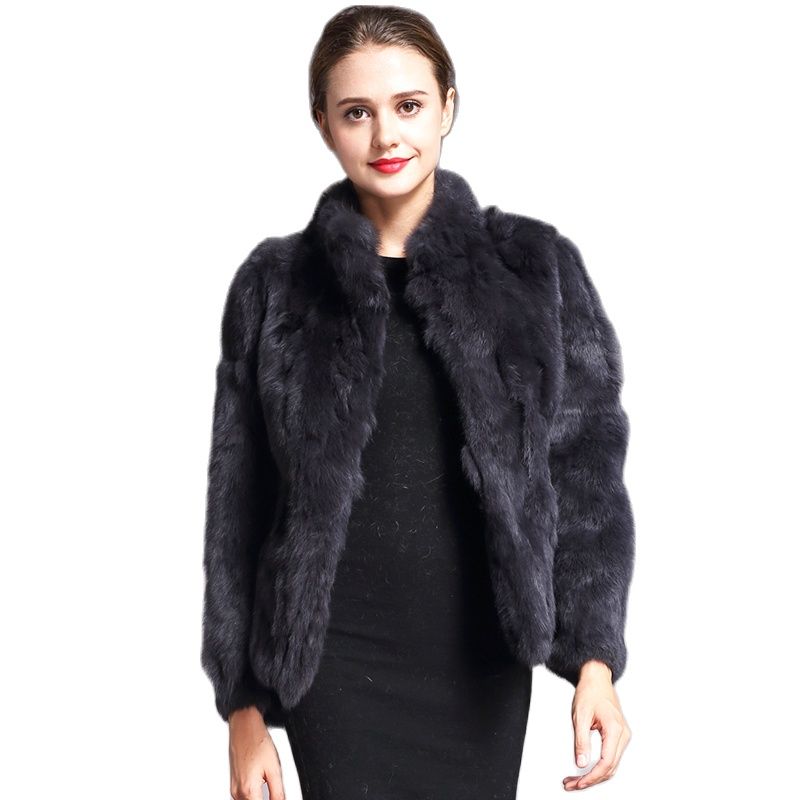 Women Genuine Rabbit Fur Coats Solid Female Stand Collar Rex Rabbit