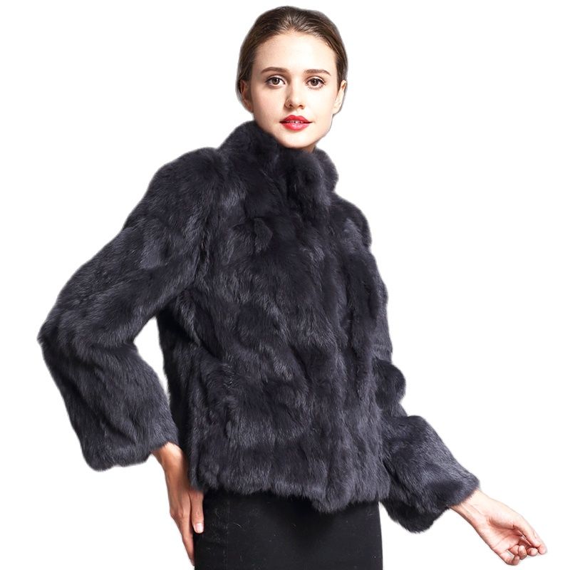 Women Genuine Rabbit Fur Coats Solid Female Stand Collar Rex Rabbit