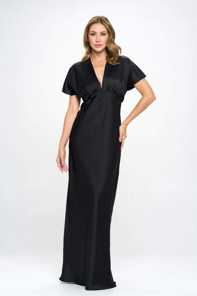 Satin Solid Deep V neck Formal Dress