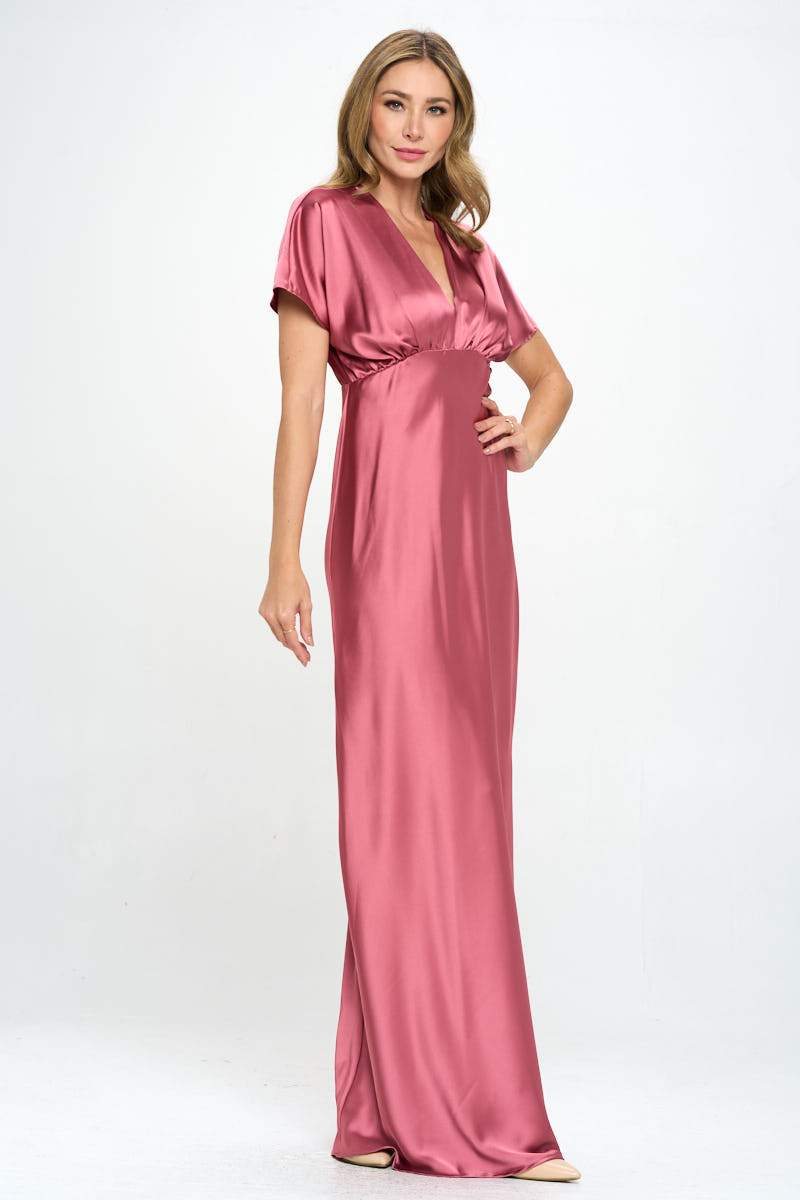 Satin Solid Deep V neck Formal Dress