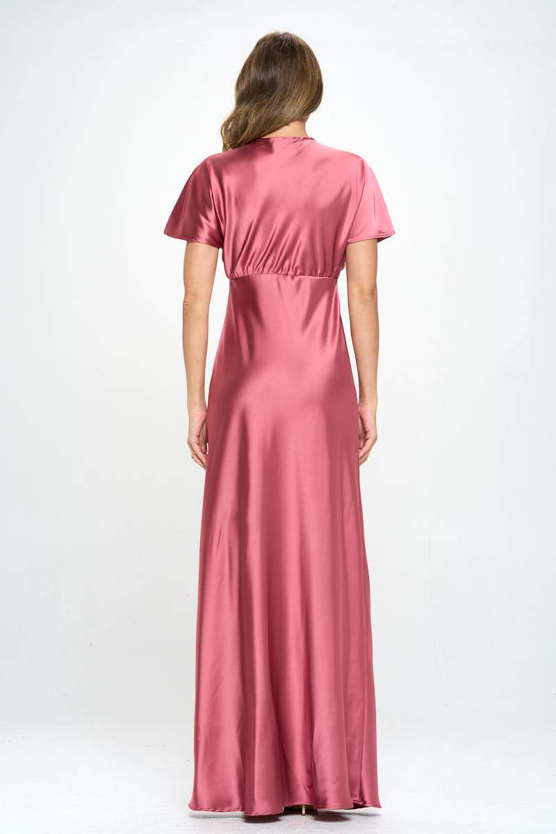 Satin Solid Deep V neck Formal Dress