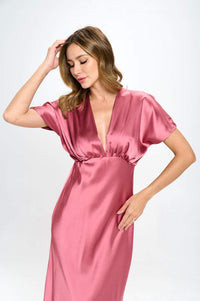 Thumbnail for Satin Solid Deep V neck Formal Dress