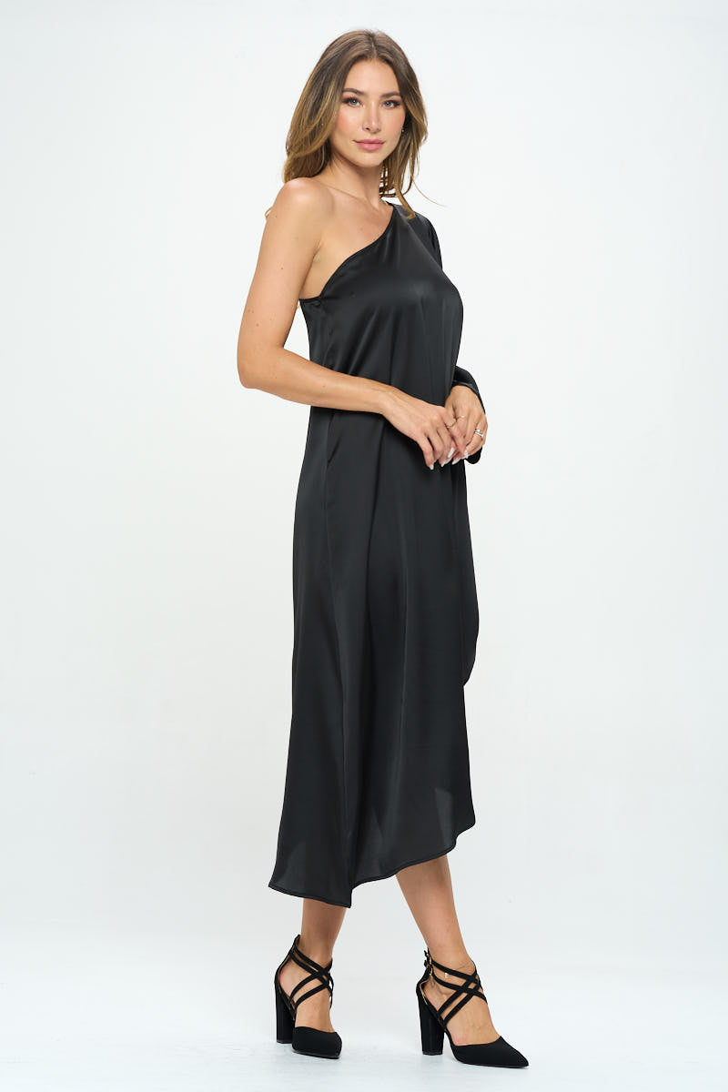 Satin Oversize One Shoulder Asymmetrical Dress