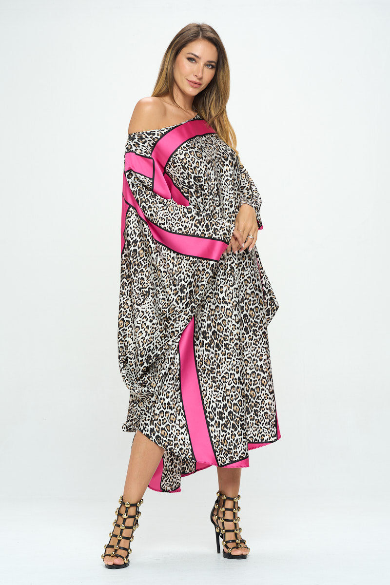 Stretch Satin Animal Print Oversize Dress