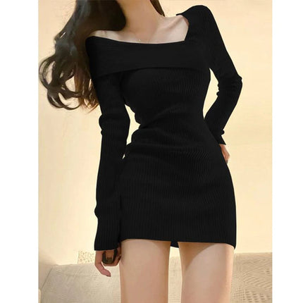 Women's Long sleeved Dress One line Neck Knitted Wrapped Hip Dress