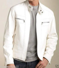 Thumbnail for Men White Genuine Leather Jacket Slim Fit Biker Leather Coat Fashion