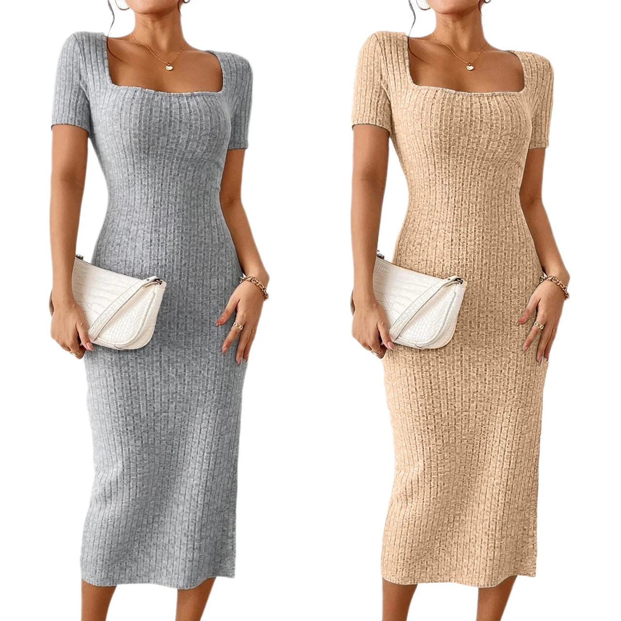 Women Ribbed Midi Dress Soft Knitted Sexy Pencil Dress Casual Skinny