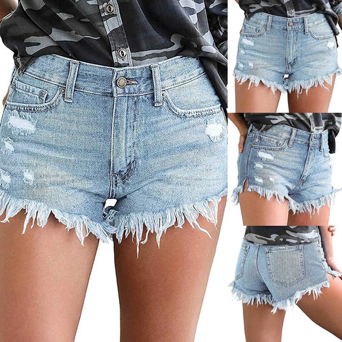 Women's High Waisted Denim Shorts Summer Pocket Ripped Hem Frayed