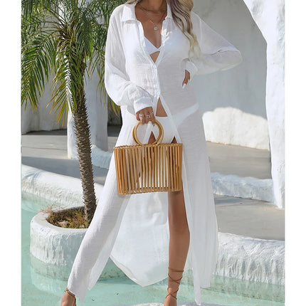 Sunscreen White Long Shirts Bikini Cover-up Women Summer Long Sleeve