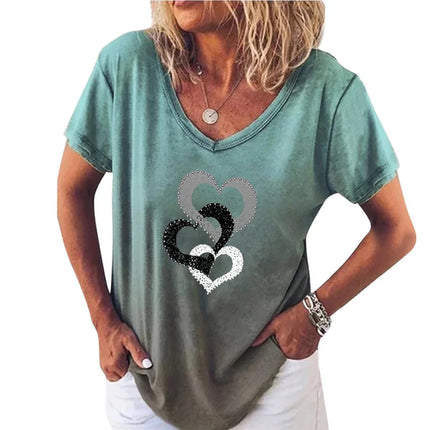 Women's T-Shirts Gradient Love Print Tops V Neck Fashion Female