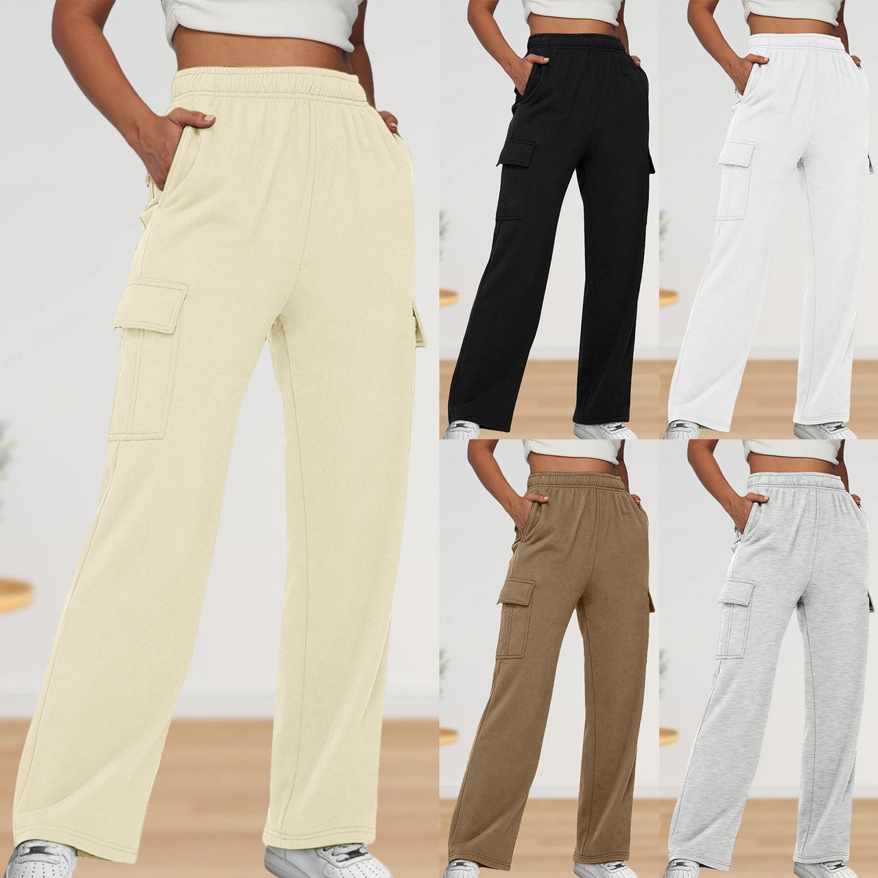 Elastic Waist Cargo Sweatpants Solid Color Women Straight Leg Pants