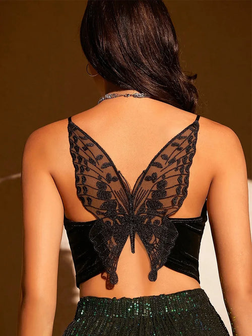 Sexy Butterfly Embroidery Mesh Velvet Cami Top Women Club Solid V-neck