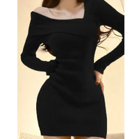 Thumbnail for Women's Long sleeved Dress One line Neck Knitted Wrapped Hip Dress