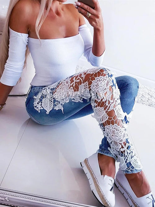 Eotvotee Lace Spliced Hollow Out Blue Jeans for Women 2023 New Fashion