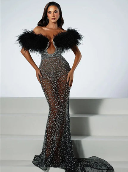 Women Sexy Off Shoulder Feather Sequins Maxi Long Gowns Dress 2024
