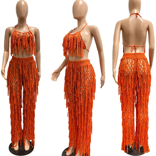 Hollow Out Hand Crochet Tassel 2 Piece Sets Women Sexy Summer Beach