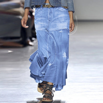 Fashion Women's Denim Skirt New High Waist Irregular Spliced Blue Maxi