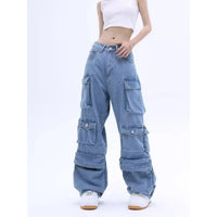 Thumbnail for Multi-Pocket Blue Washed Jeans Cargo Pants Y2k Retro Streetwear