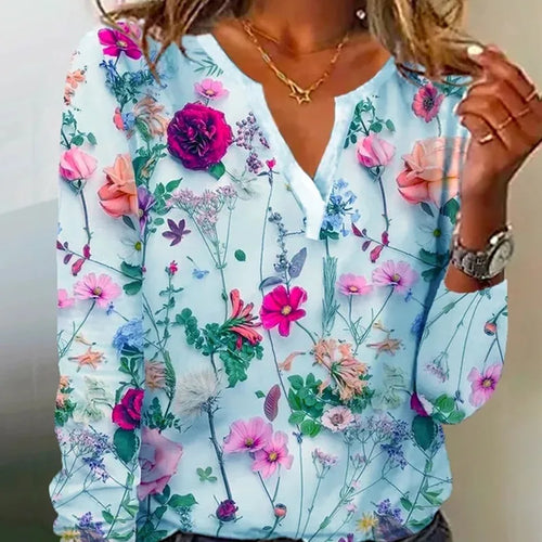 Spring and Autumn Women's Pullover V-Neck Plant&Flowers Printed Long