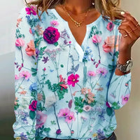 Thumbnail for Spring and Autumn Women's Pullover V-Neck Plant&Flowers Printed Long