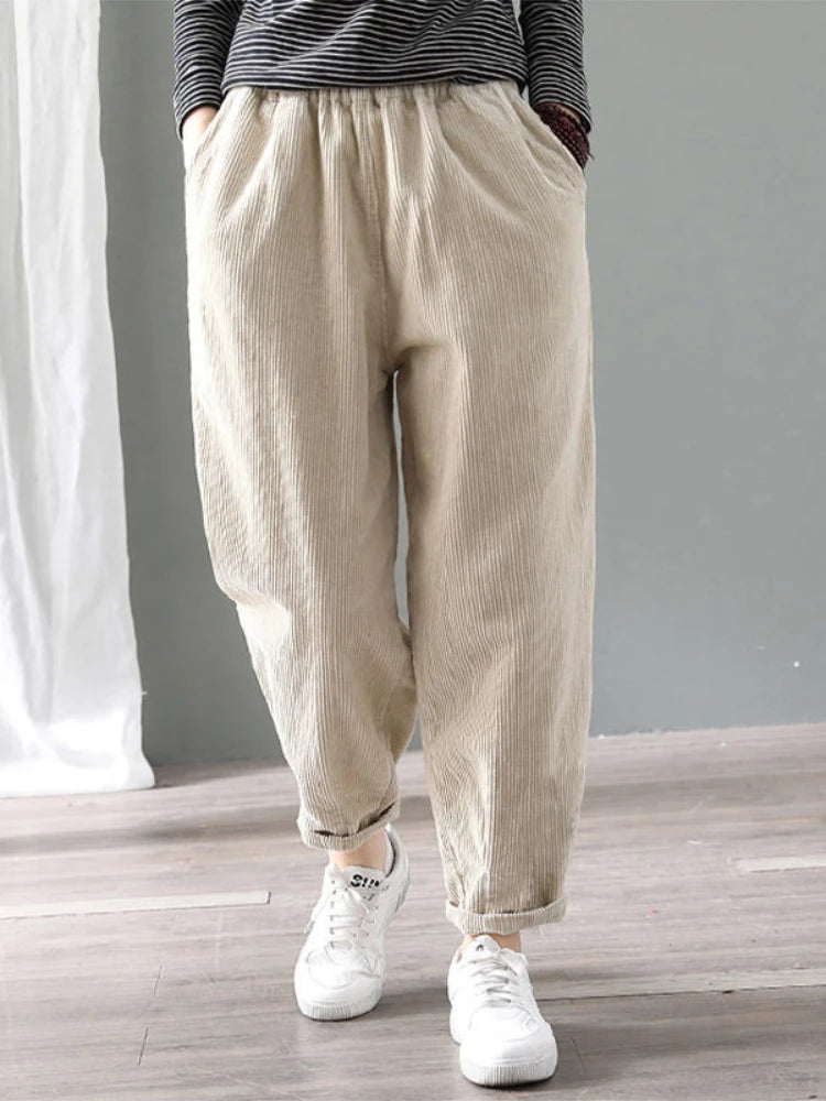 Velvet Warm Winter Pants for Women Elastic Waist Corduroy Harem Pant