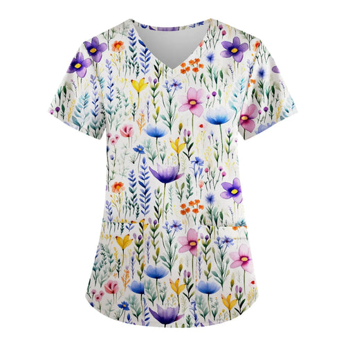 Floral Print Scrubs Tops Pet Grooming Uniforms Short Sleeve V Neck