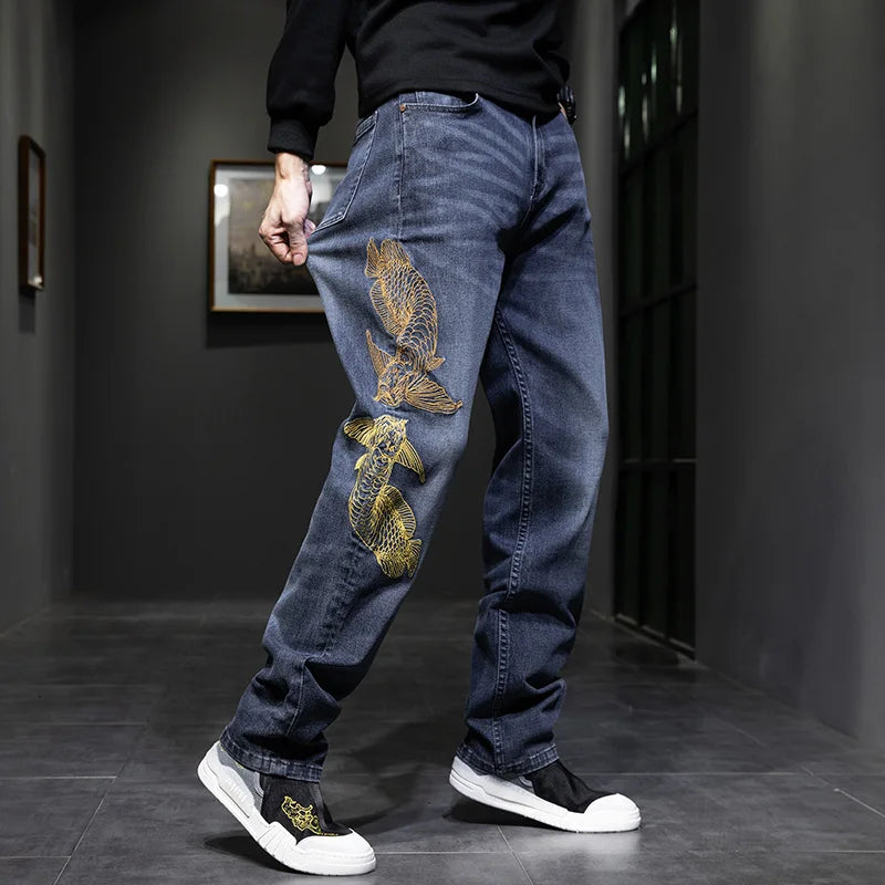 Elastic Embroidery Men's Baggy Loose Hot Rap Hip Hop Jeans Denim