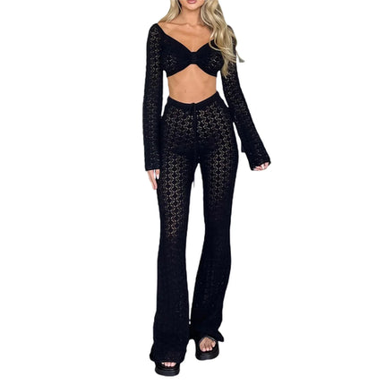 Wsevypo Hollow Out Crochet Knit Pants Sets Women Casual Two-Piece