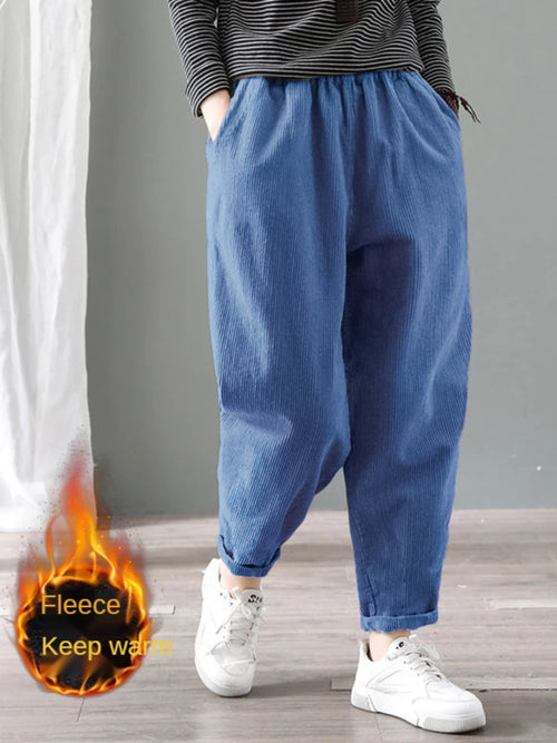 Velvet Warm Winter Pants for Women Elastic Waist Corduroy Harem Pant