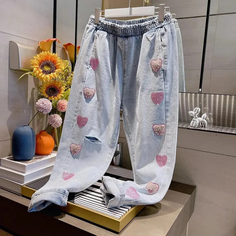 Fashion Pink Rhinestone Elastic High Waist Harem Jeans 2023 Spring