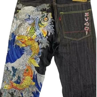 Thumbnail for Japanese hip-hop Brocade carp printed jeans same style couple washed