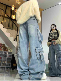 Thumbnail for 2023 Cyber Y2K Streetwear Washed Blue Baggy Cargo Jeans Pants For