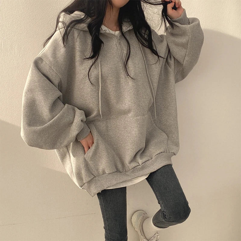 HOUZHOU Women Hoodie Streetwear Gray Harajuku Oversized Top Half Zip