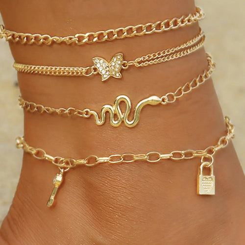 Summer Beach Crushed Stone Chain Anklet Set For Women Boho Shell Charm