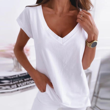 V-Neck Women's Sexy T-shirts Short Sleeve Breathable Simple White Tops