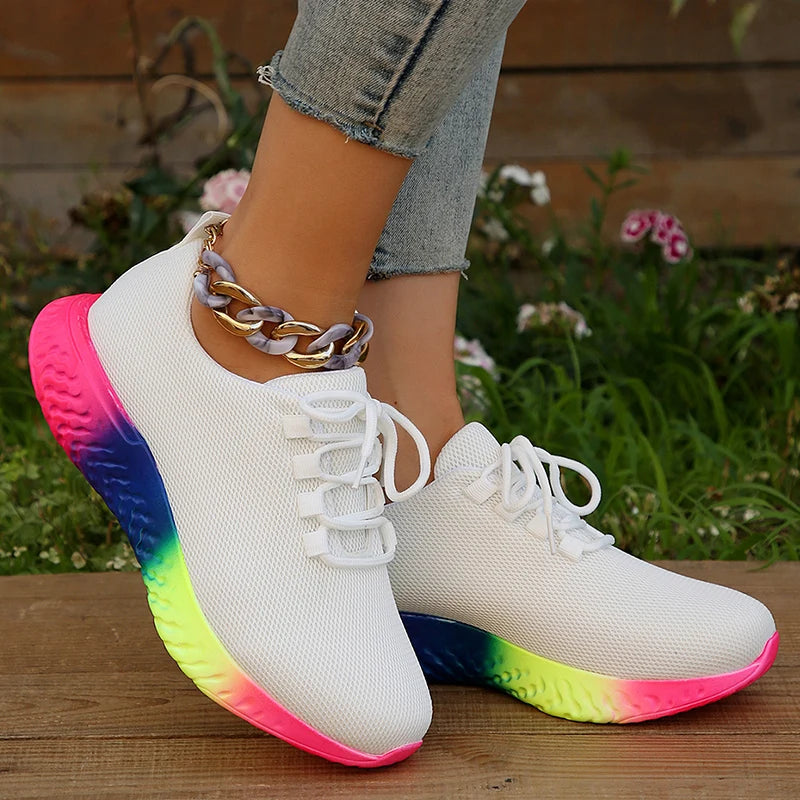 Fashion Rainbow Sole Knit Sneakers Women Mesh Breathable Platform