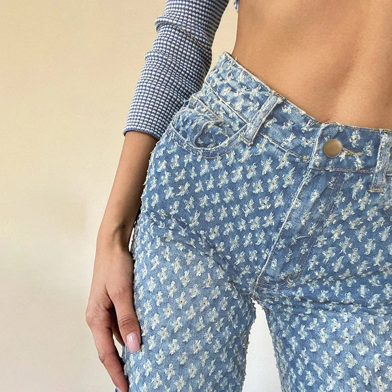Streetwear Vintage Jeans High Waist Hollow Out Sexy Ladies Loose