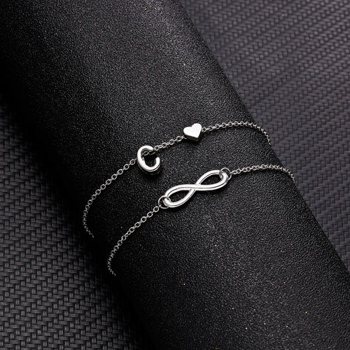 Bohemia A-Z Letter Initial Anklet For Women Silver Color Initial Heart