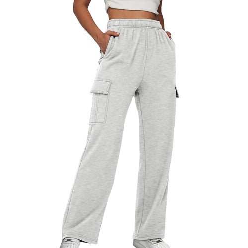 Elastic Waist Cargo Sweatpants Solid Color Women Straight Leg Pants